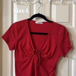 Red Tie-Front Ribbed Top - Size L